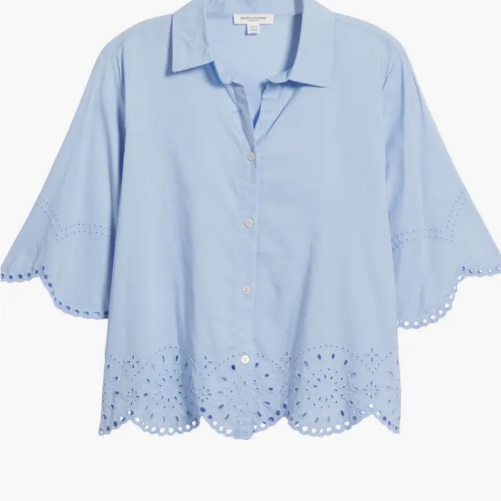 Beach Lunch Lounge Collection Azure Blue Clo Eyelet Border Button Up Top Sz XL - Picture 2 of 8